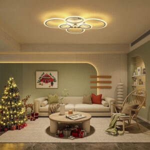 31" White Modern LED 6 Rings Circle Semi-Flush Mount Ceiling Light Remote