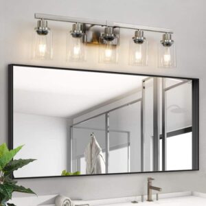 30" W 5-Light Vanity Sconce Brushed Nickel Clear Glass Shades E26 No Bulbs