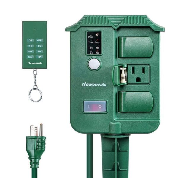 Outdoor Power Stake Timer Waterproof 100 ft Wireless Remote 6 Outlets 6 ft Cord