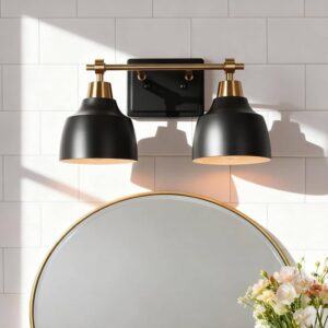 Modern 2-Light Black Vanity Light Brass Arm White Shades for Bathroom