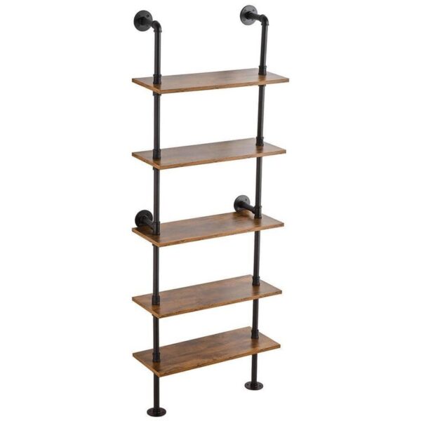 Industrial Pipe Shelf 5Tier 10.04"W x 24.02"D Brown Wood Solid Rustic Wall Shelf