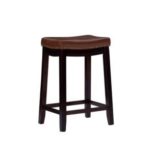 Concord 26.75" Dark Brown Cognac Backless Wood Counter Stool Faux Leather Seat