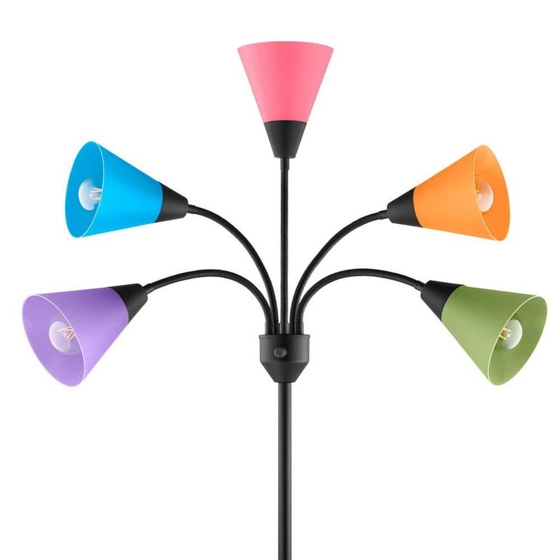 67 in. 5-Light Black Gooseneck Floor Lamp with Multi-Color Acrylic Shades - Image 4