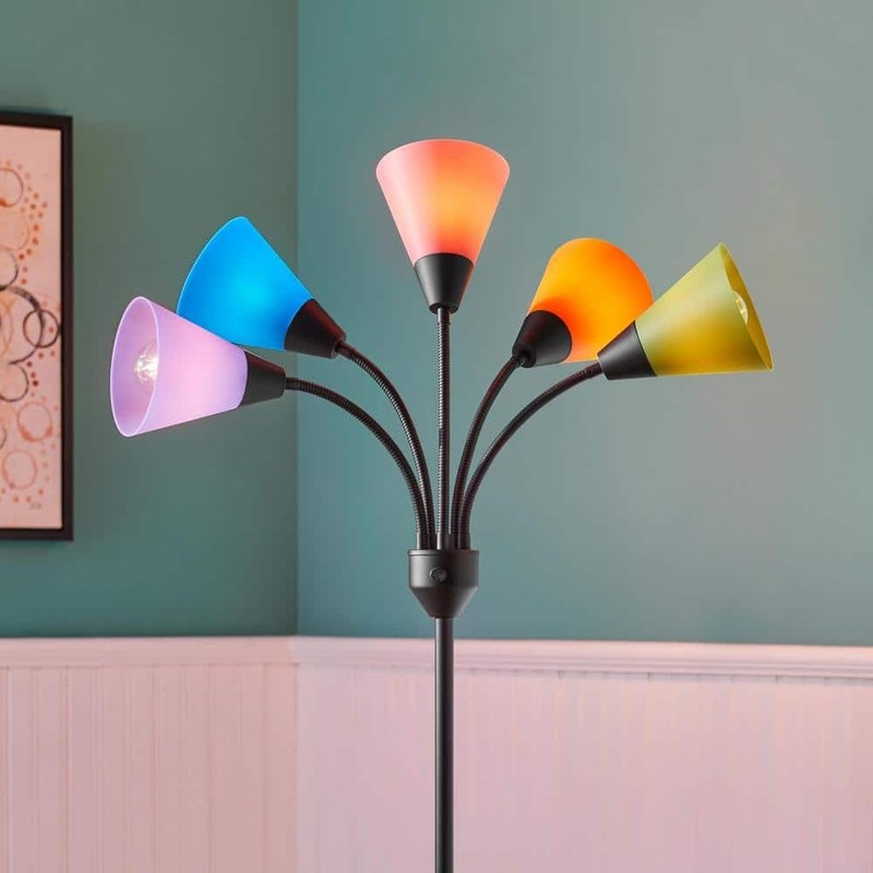 67 in. 5-Light Black Gooseneck Floor Lamp with Multi-Color Acrylic Shades - Image 6