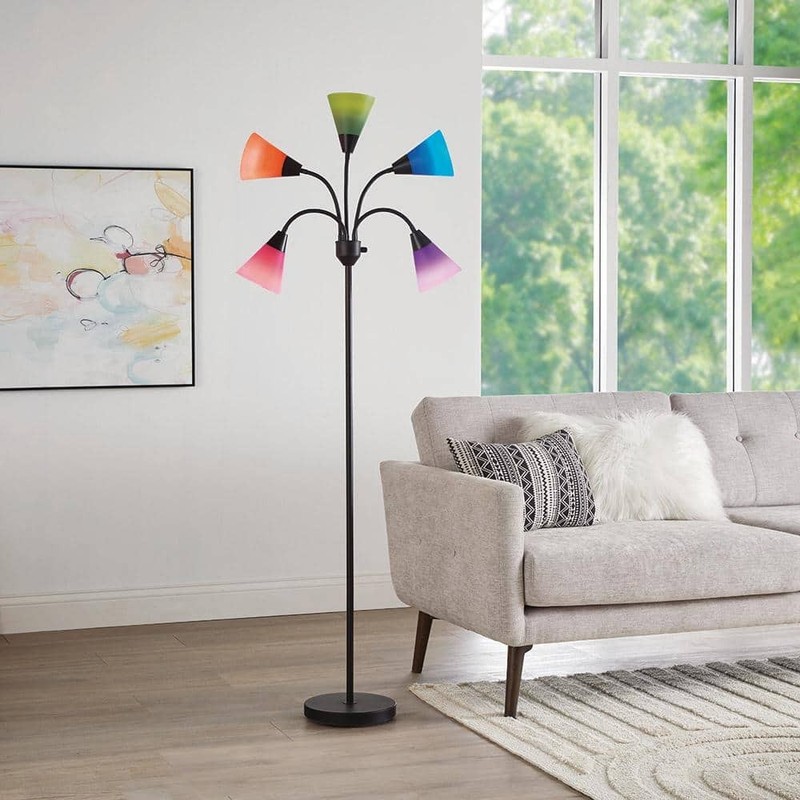 67 in. 5-Light Black Gooseneck Floor Lamp with Multi-Color Acrylic Shades - Image 7
