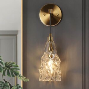 Transitional Bathroom Bell Wall Sconce 1-Light Brass Crystal Shade