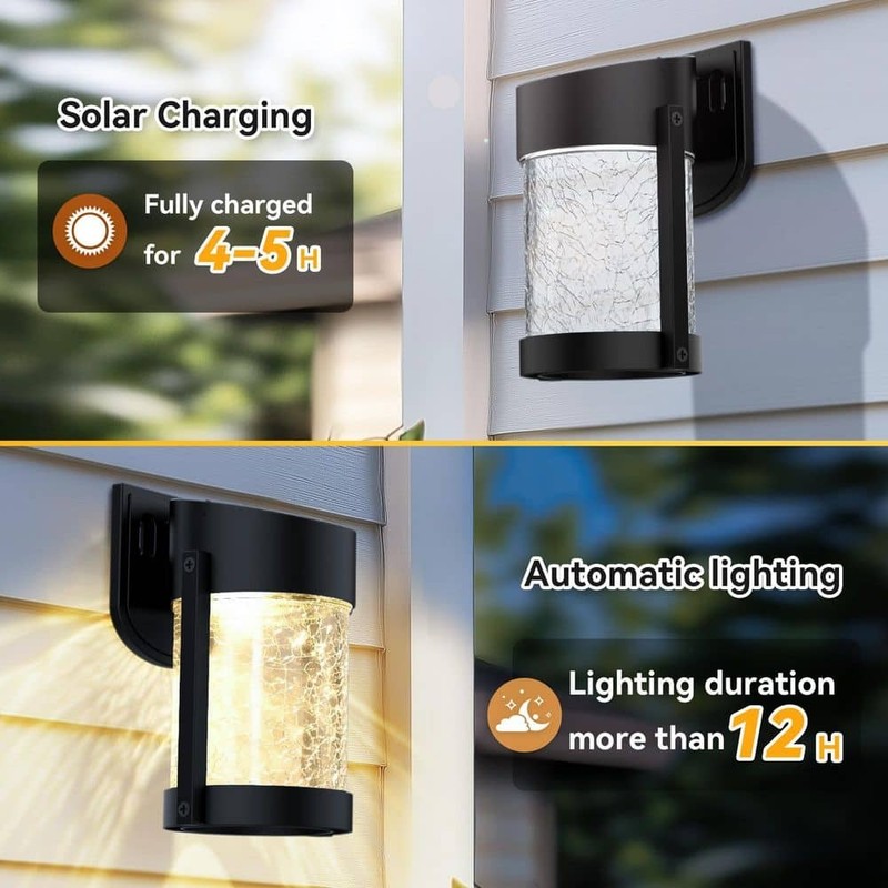 Black Solar Wall Lantern Lights Outdoor Waterproof with Glass2 Pack - Image 6