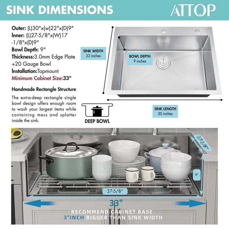 Handmade Stainless Steel 30" Single Bowl Top Mount Scratch-Resistant Sink - Image 7