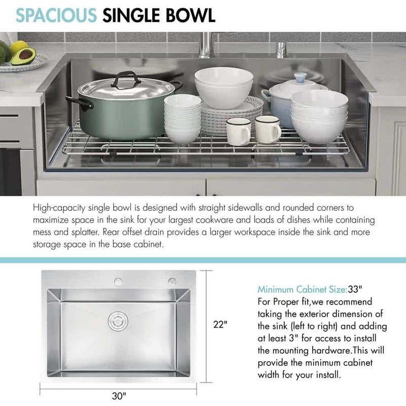 Handmade Stainless Steel 30" Single Bowl Top Mount Scratch-Resistant Sink - Image 11