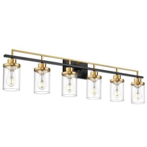 JAZAVA 44.3 in. 6-Light Black & Gold Finish Vanity Light with Clear Glass Shade