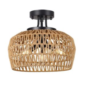 Tatahance 12.6" W 3-Light Brown Semi-Flush Mount Rattan Ceiling Light w/Handmade