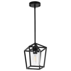 YANSUN 1-Light Matte Black Farmhouse Cage Lantern Pendant Light w/Clear Glass