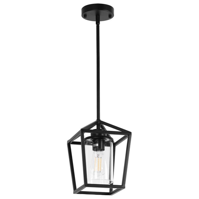 YANSUN 1-Light Matte Black Farmhouse Cage Lantern Pendant Light w/Clear Glass