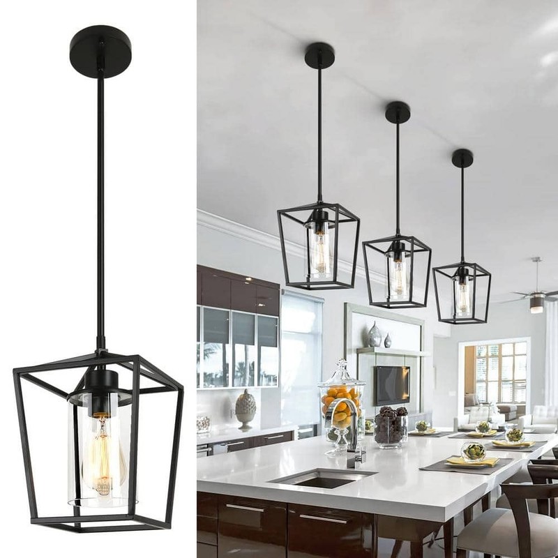 YANSUN 1-Light Matte Black Farmhouse Cage Lantern Pendant Light w/Clear Glass - Image 2