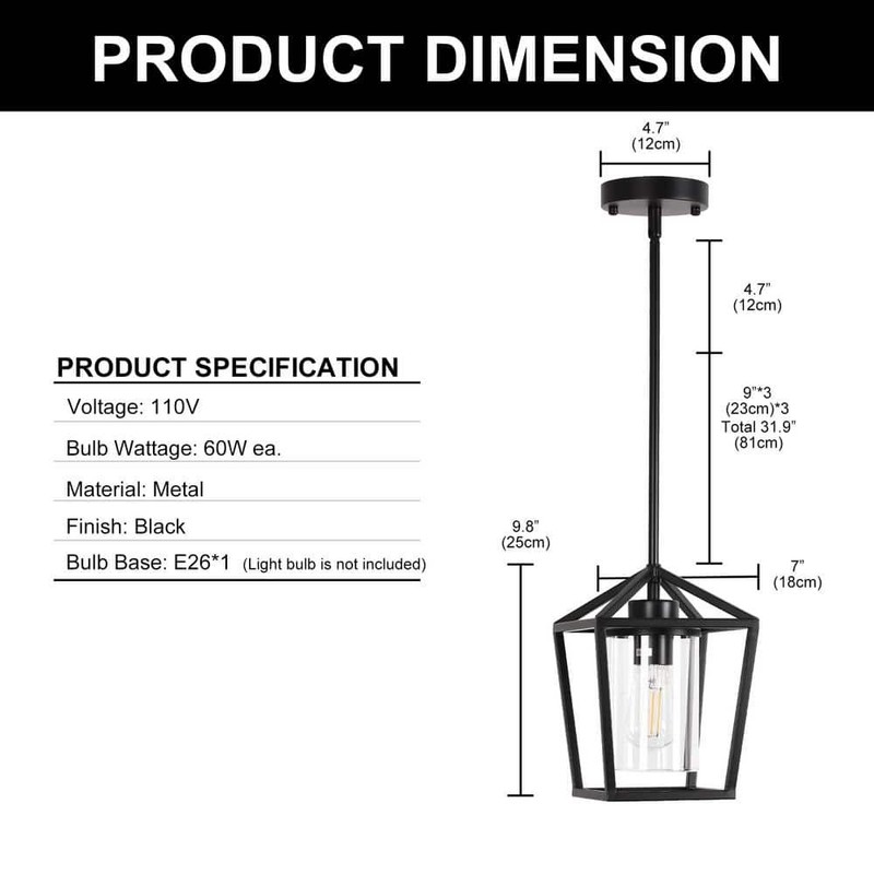 YANSUN 1-Light Matte Black Farmhouse Cage Lantern Pendant Light w/Clear Glass - Image 3