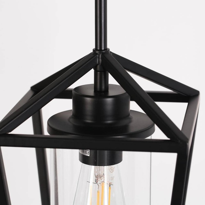 YANSUN 1-Light Matte Black Farmhouse Cage Lantern Pendant Light w/Clear Glass - Image 4