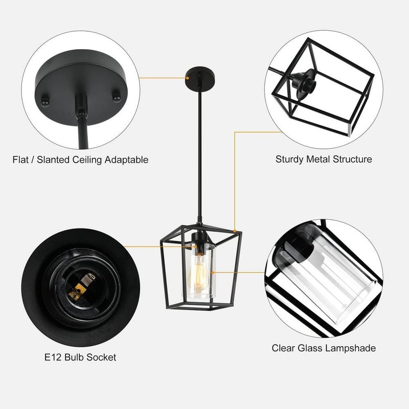 YANSUN 1-Light Matte Black Farmhouse Cage Lantern Pendant Light w/Clear Glass - Image 5