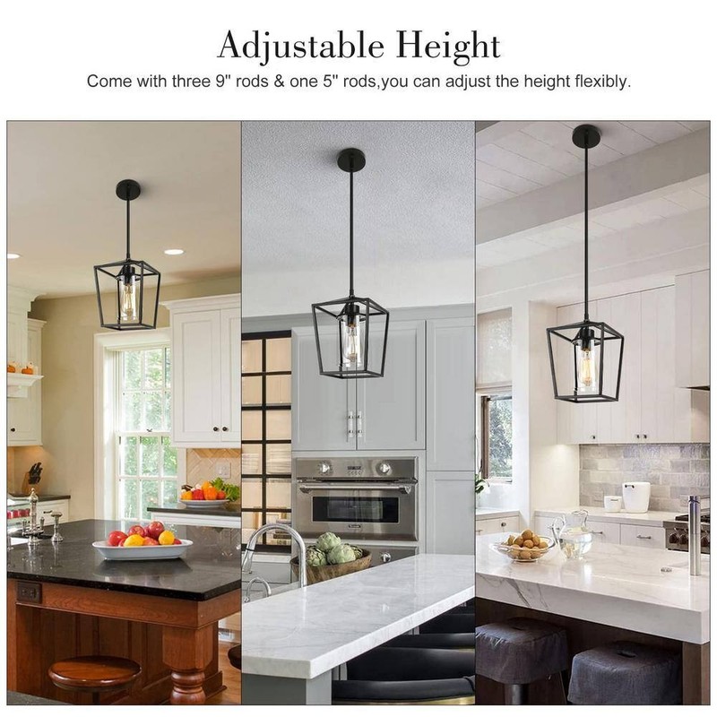YANSUN 1-Light Matte Black Farmhouse Cage Lantern Pendant Light w/Clear Glass - Image 6