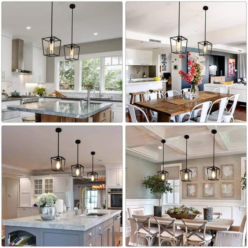 YANSUN 1-Light Matte Black Farmhouse Cage Lantern Pendant Light w/Clear Glass - Image 8