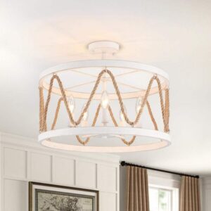 ZJVAIVE 19.68 in. 5-Light White Metal Hemp Rope Candlestick Semi-Flush Mount