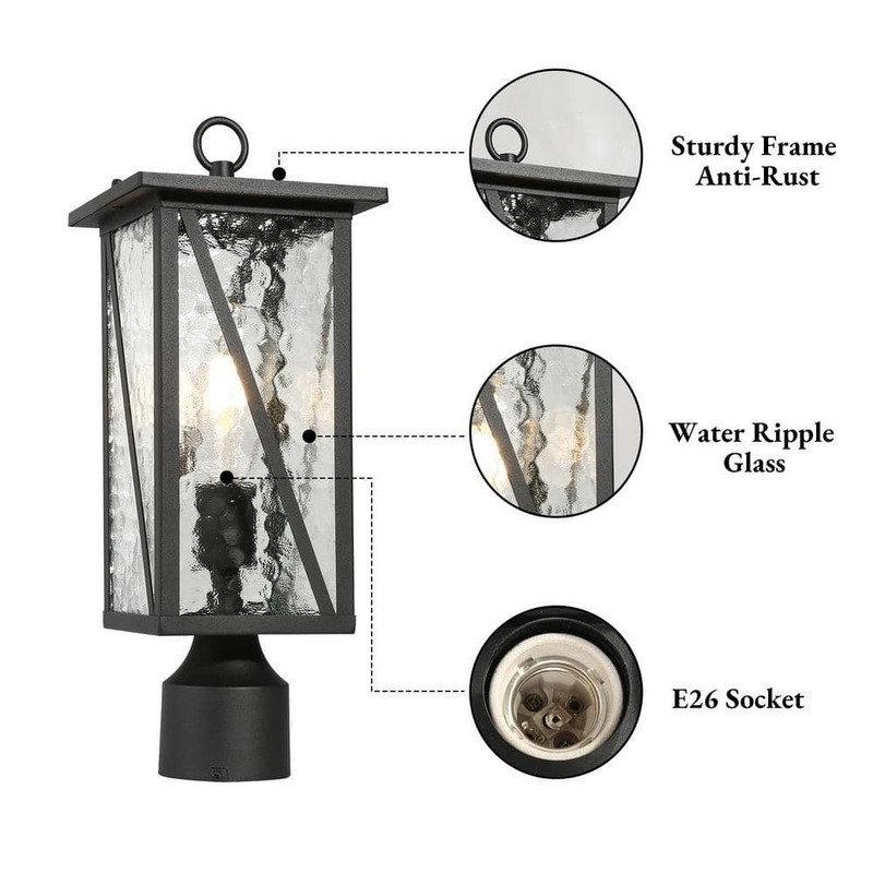 LNC Modern 16.5" 1-Light Black Outdoor Post Light with Geometric Textured Glass - Image 4