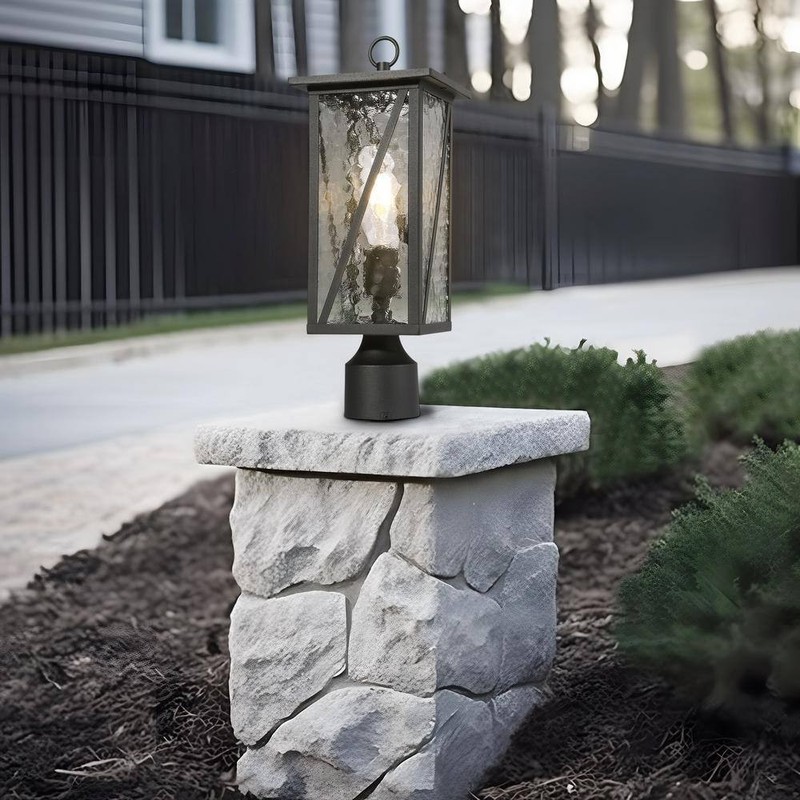 LNC Modern 16.5" 1-Light Black Outdoor Post Light with Geometric Textured Glass - Image 11