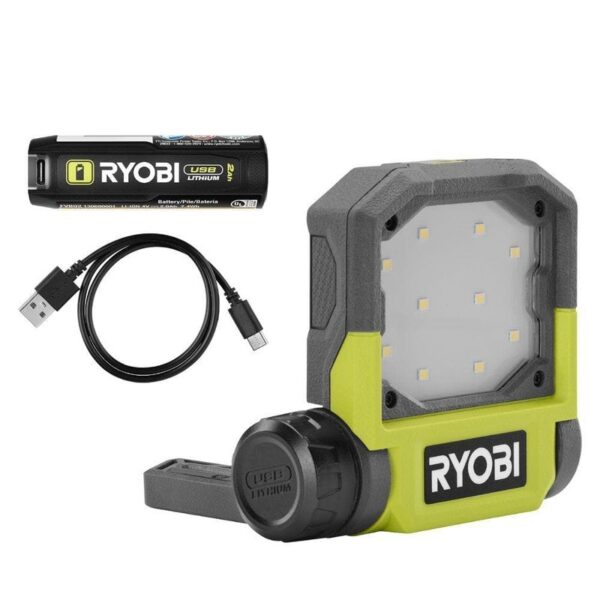 RYOBI USB Lithium Cordless Pivoting LED Flip Light 2.0 Ah Battery Charging Cable