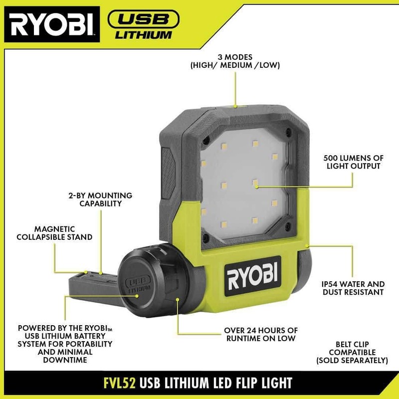 RYOBI USB Lithium Cordless Pivoting LED Flip Light 2.0 Ah Battery Charging Cable - Image 2