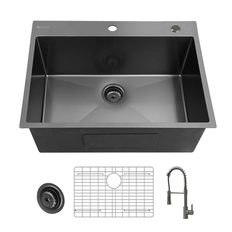 Glacier Bay 25" Drop-In Single Bowl 18 Gauge Gunmetal Black Stainless Steel Sink