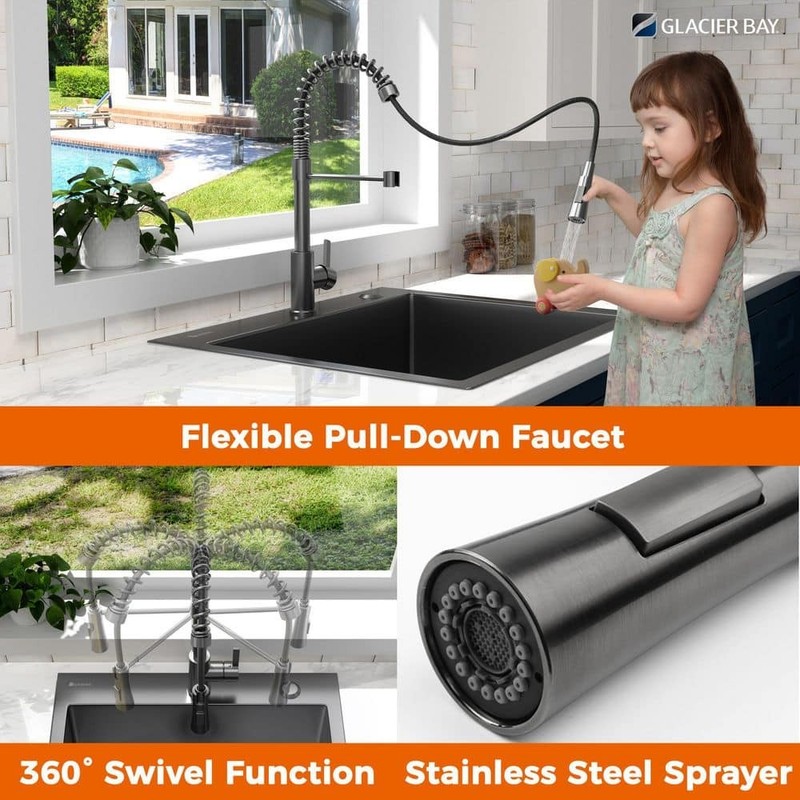 Glacier Bay 25" Drop-In Single Bowl 18 Gauge Gunmetal Black Stainless Steel Sink - Image 3