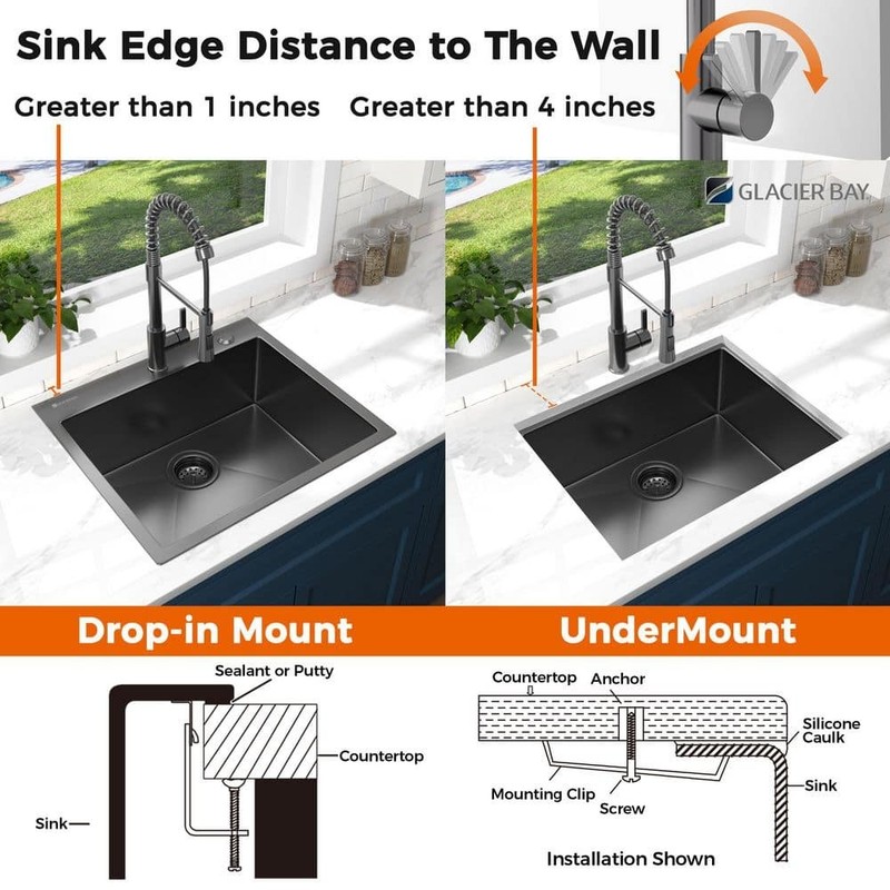 Glacier Bay 25" Drop-In Single Bowl 18 Gauge Gunmetal Black Stainless Steel Sink - Image 4