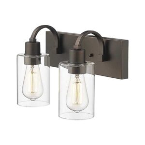 JAZAVA 13.6 in. 2-Light Oil Rubbed Bronze Vanity Light with Clear Glass Shade