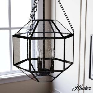Hunter Indria 3-Light Rustic Iron Island Pendant Light with Clear Seeded Glass