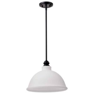 SATCO Russel 14 in. 1-Light Matte Black Traditional Pendant w/Satin White Glass
