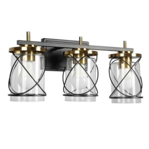 BICIK 20.4 in. 3-Light Black Gold Bathroom Vanity Light w/Iron Shade Style Glass