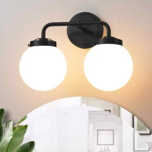 Deyidn 14.17 in. 2-Light Black Bathroom Vanity Light with Opal Glass Shades