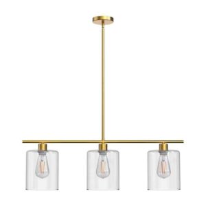 YANSUN 3-Light Gold Modern Island Pendant Light Linear Chandelier Clear Glass