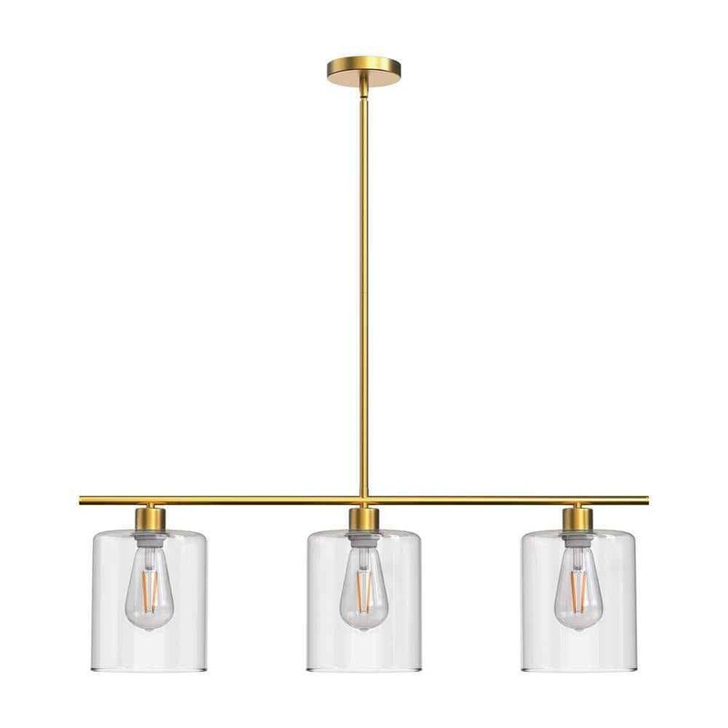 YANSUN 3-Light Gold Modern Island Pendant Light Linear Chandelier Clear Glass