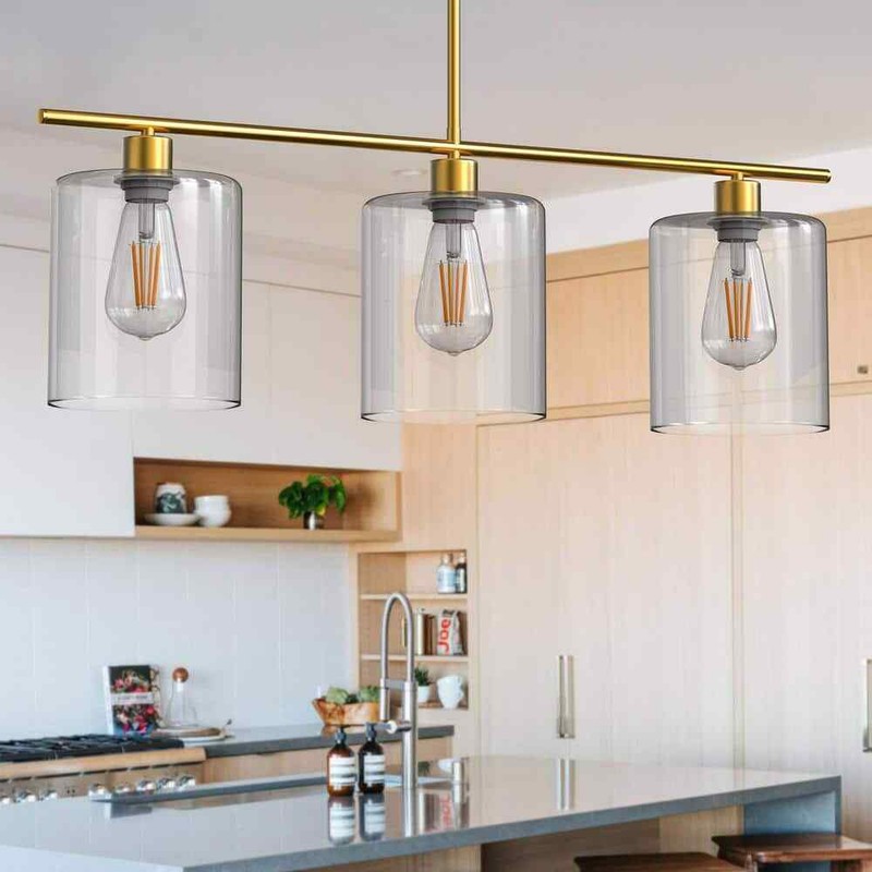 YANSUN 3-Light Gold Modern Island Pendant Light Linear Chandelier Clear Glass - Image 2