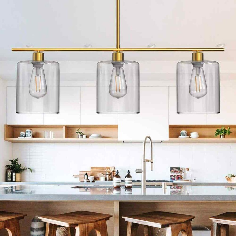 YANSUN 3-Light Gold Modern Island Pendant Light Linear Chandelier Clear Glass - Image 3