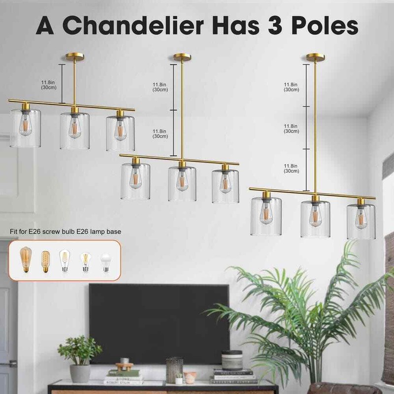 YANSUN 3-Light Gold Modern Island Pendant Light Linear Chandelier Clear Glass - Image 7
