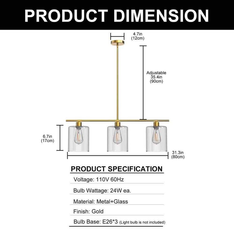 YANSUN 3-Light Gold Modern Island Pendant Light Linear Chandelier Clear Glass - Image 8