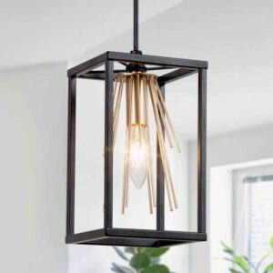 Uolfin 1-Light Black and Brass Cage Pendant Light w/ Lantern Design for Kitchen