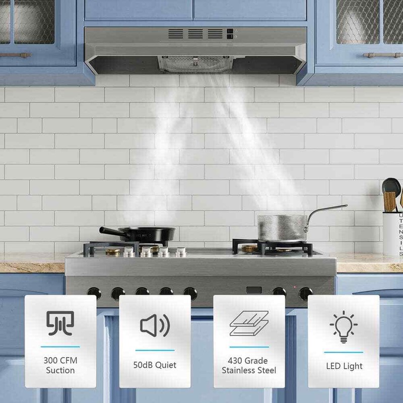 VIKIO 30 Inch Convertible Under Cabinet Range Hood 300 CFM LED Stainless Steel - Image 2