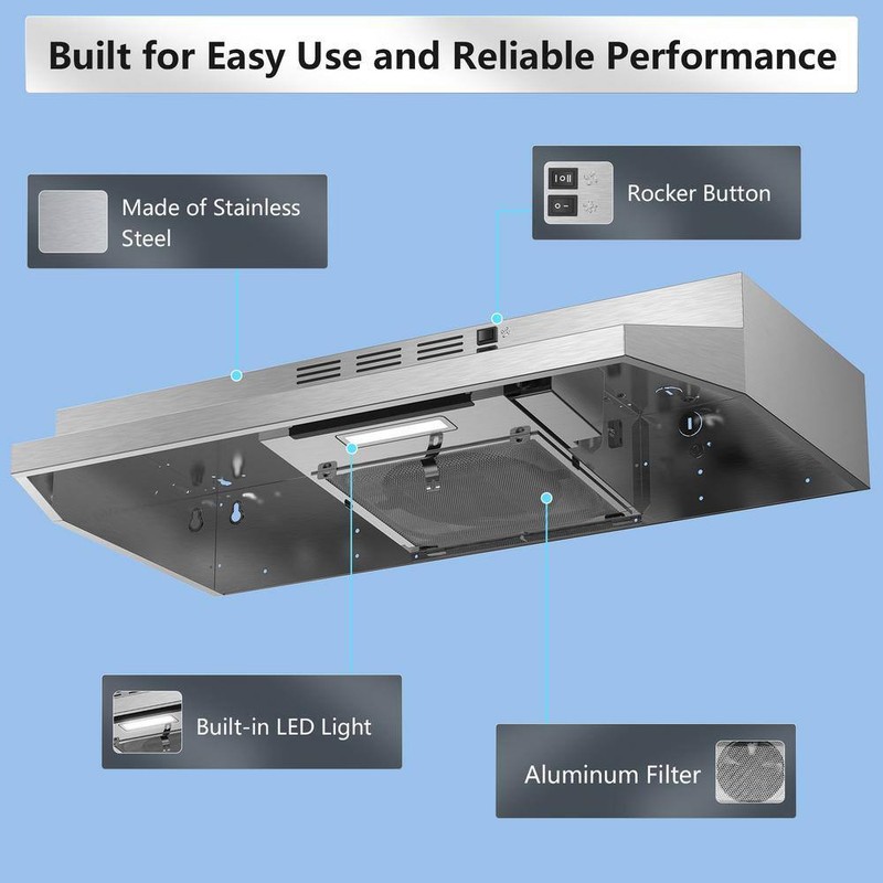 VIKIO 30 Inch Convertible Under Cabinet Range Hood 300 CFM LED Stainless Steel - Image 3