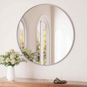 KeonJinn 18"x18" Round Wall Mirror Metal Frame Brushed Nickel Bathroom Vanity