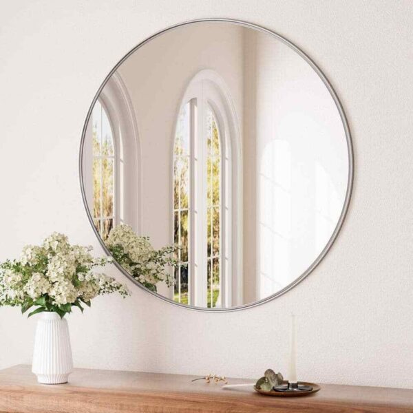 KeonJinn 18"x18" Round Wall Mirror Metal Frame Brushed Nickel Bathroom Vanity