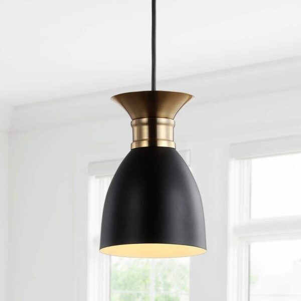 JONATHAN Y Edison 5.75 in. 1-Light Black/Brass Gold Metal LED Pendant