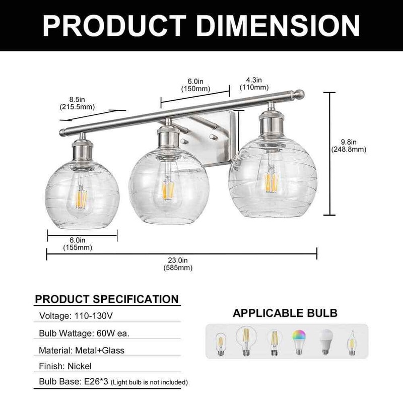 YANSUN 23" 3-Light Brushed Nickel Wall Sconce w/Clear Globe Shades Vanity Light - Image 3