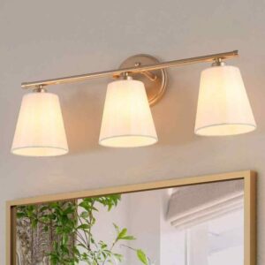 Uolfin 20.1" 3-Light Gold Wall Sconce w/Fabric Shades Farmhouse Vanity Light